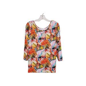 Peck & Peck Womens M Top 3/4 Sleeve Colorful Blouse Stretch Shirt City St Print